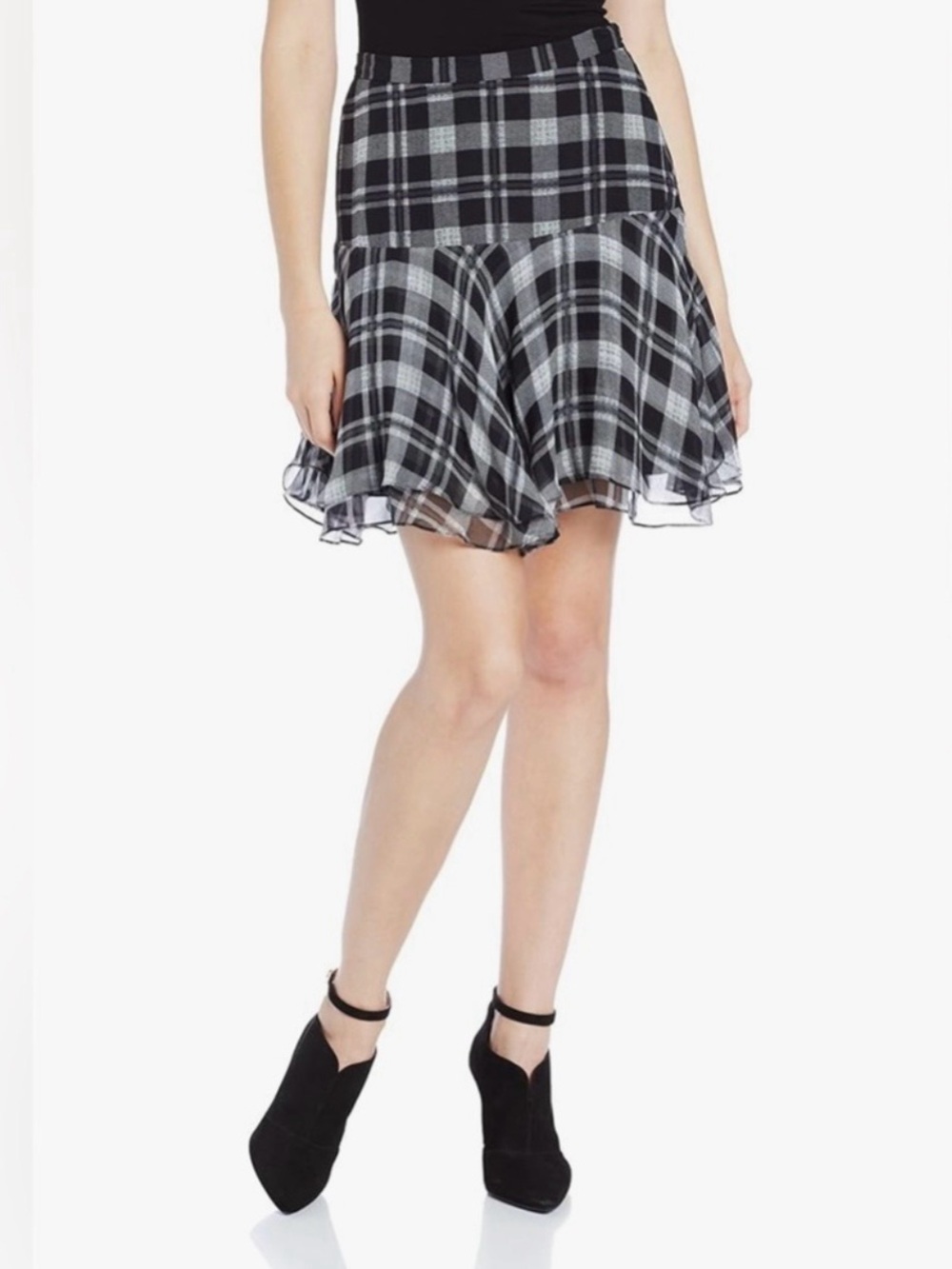 Joie Black and Cream Plaid Flare 100% Silk Mini Ruffled Skirt Preppy Western